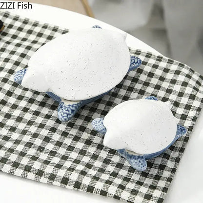White ceramic turtle figurines with blue patterned legs and shell edges for decorbites ceramic marine life decorbites ceramic marine trays