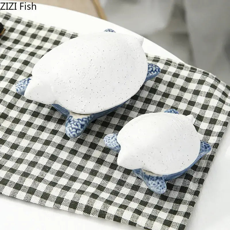 White ceramic turtle figurines with blue patterned legs and shell edges for decorbites ceramic marine life decorbites ceramic marine trays