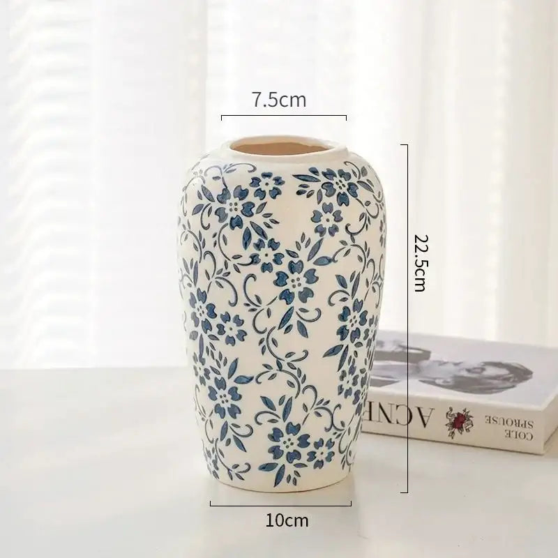 White ceramic vase with delicate blue floral patterns and smooth surface decorbites blue ceramic vase for living room decor