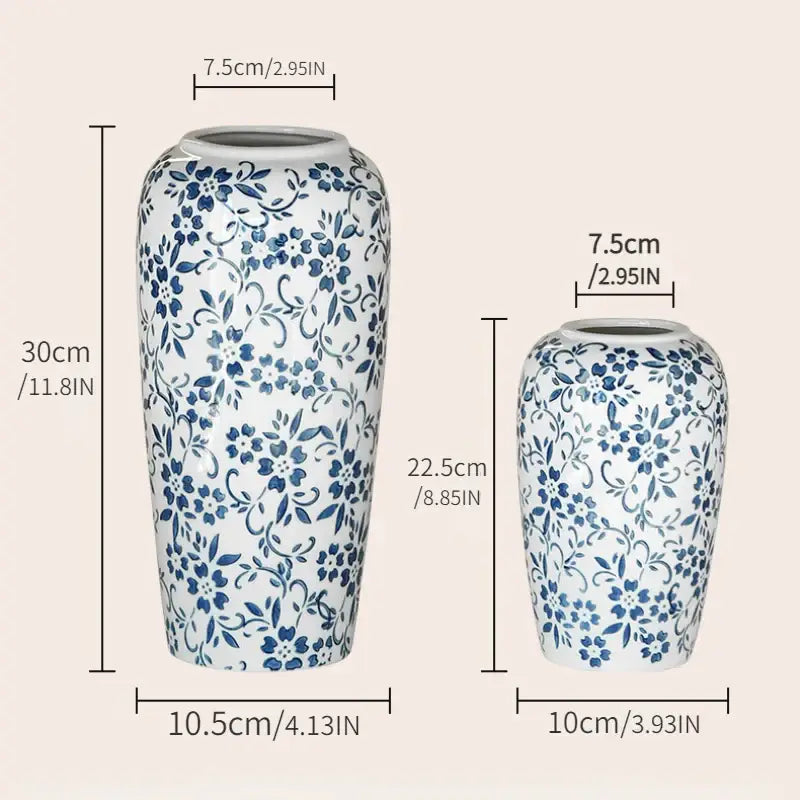 Two ceramic vases with glossy blue and white floral patterns perfect for living room decorbites blue ceramic vase decor