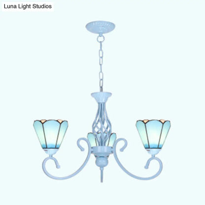 Blue/White Conical Hanging Chandelier - Metal Chain Tiffany 3-Light Stained Glass Drop Ceiling Light