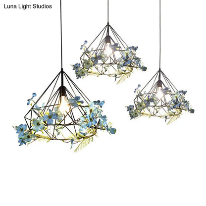 Blue-White Diamond Hanging Pendant Light Fixture with Rustic Metallic Design and Artificial Flower Accent for Restaurants