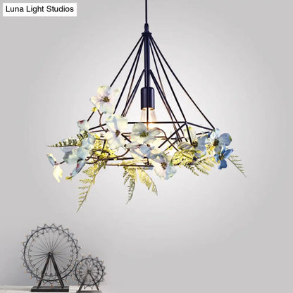 Blue-White Diamond Hanging Pendant Light Fixture with Rustic Metallic Design and Artificial Flower Accent for Restaurants