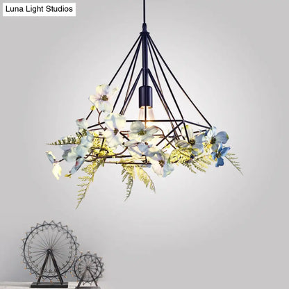 Blue-White Diamond Hanging Pendant Light Fixture with Rustic Metallic Design and Artificial Flower Accent for Restaurants