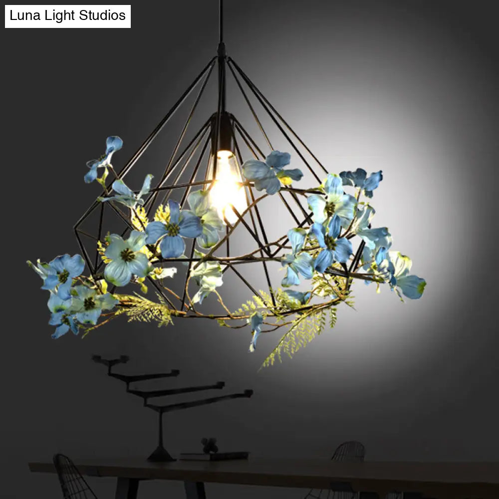 Blue-White Diamond Hanging Pendant Light Fixture with Rustic Metallic Design and Artificial Flower Accent for Restaurants