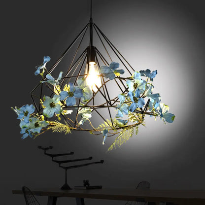 Blue-White Diamond Hanging Pendant Light Fixture with Rustic Metallic Design and Artificial Flower Accent for Restaurants