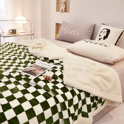 Green and white checkered fleece blanket with plush soft texture for double layer lamb wool checkered bedroom throw use