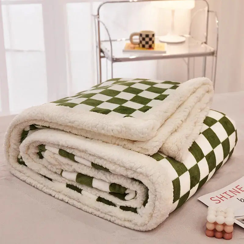 Cozy plush double layer lamb wool checkered throw blanket with green white pattern and cream fleece interior