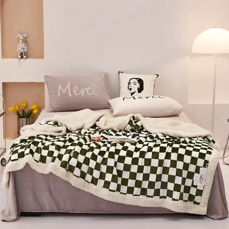 Blue and white double layer lamb wool checkered blanket with soft plush fleece texture bedroom throw