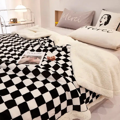 Blue and white double layer lamb wool checkered blanket with cream sherpa lining for bedroom throw use