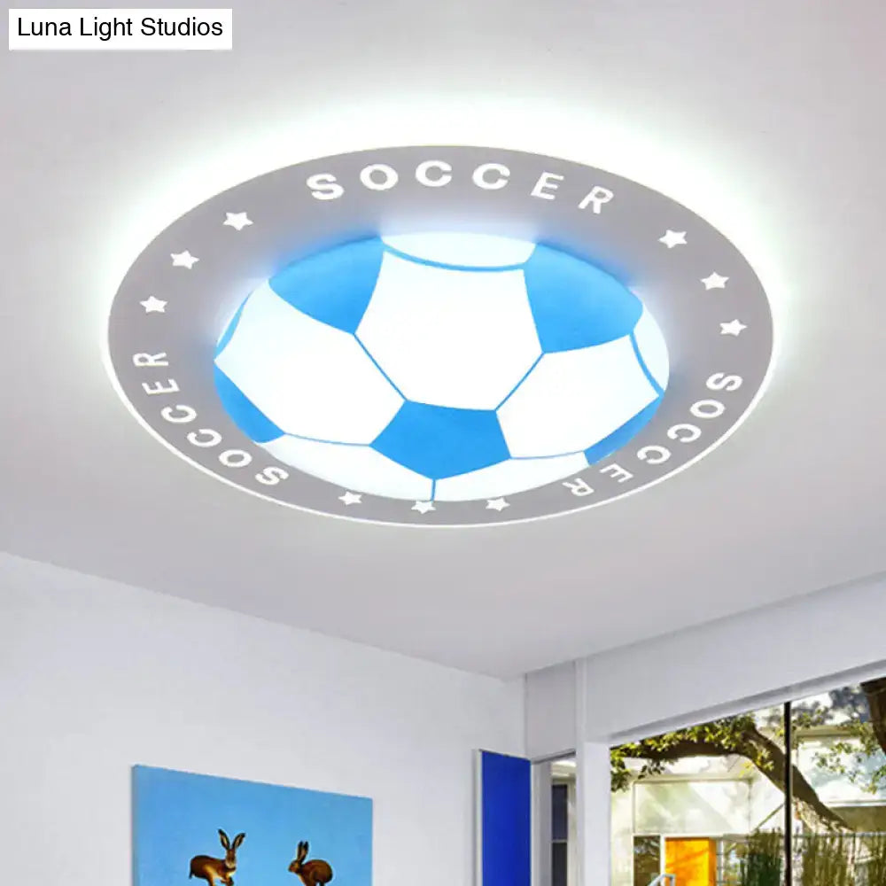 Decorbites kids led flush mount spotlight featuring a blue and white soccer ball design with a gray circular border