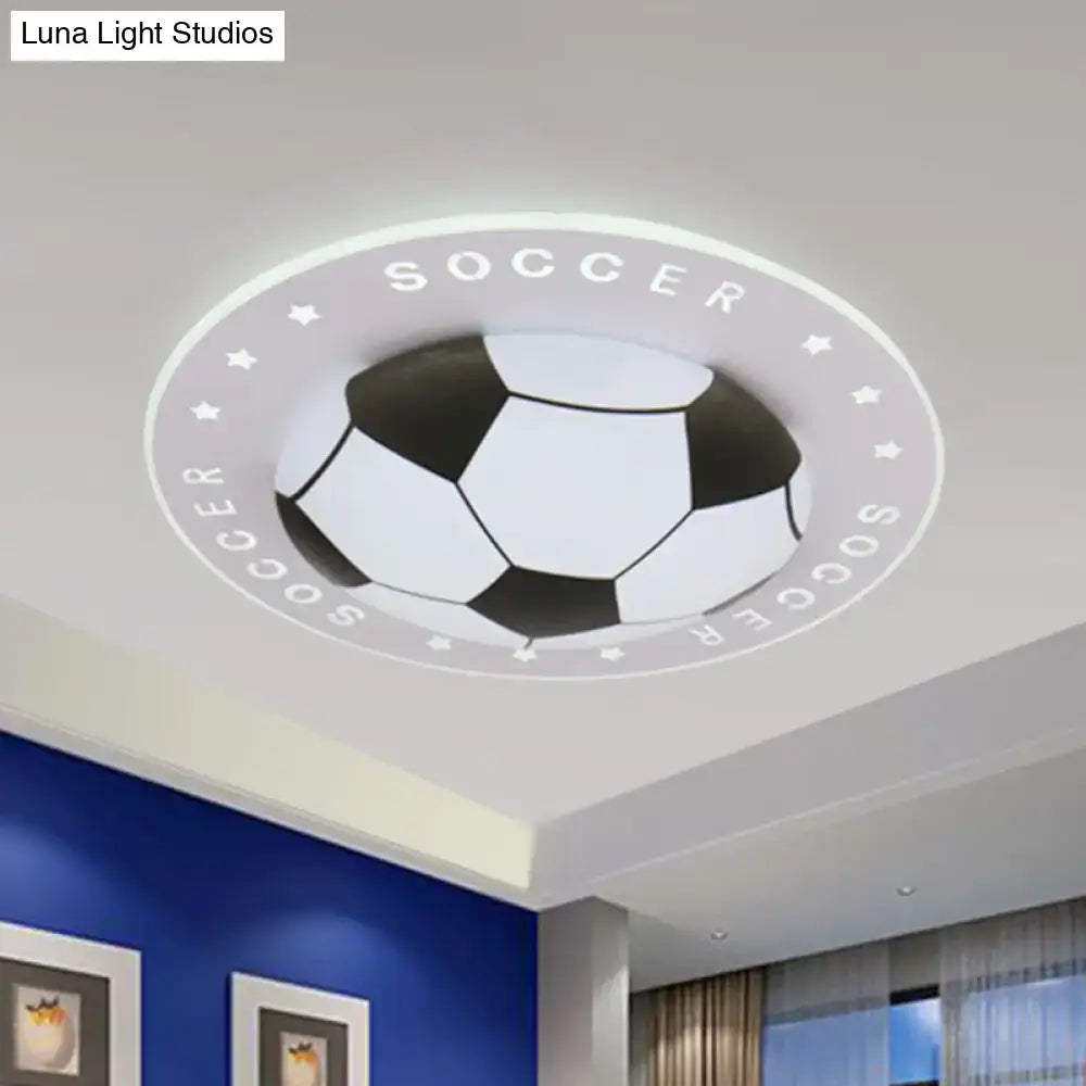 Decorbites™ kids led flush mount spotlight featuring a black and white soccer ball design with illuminated soccer text