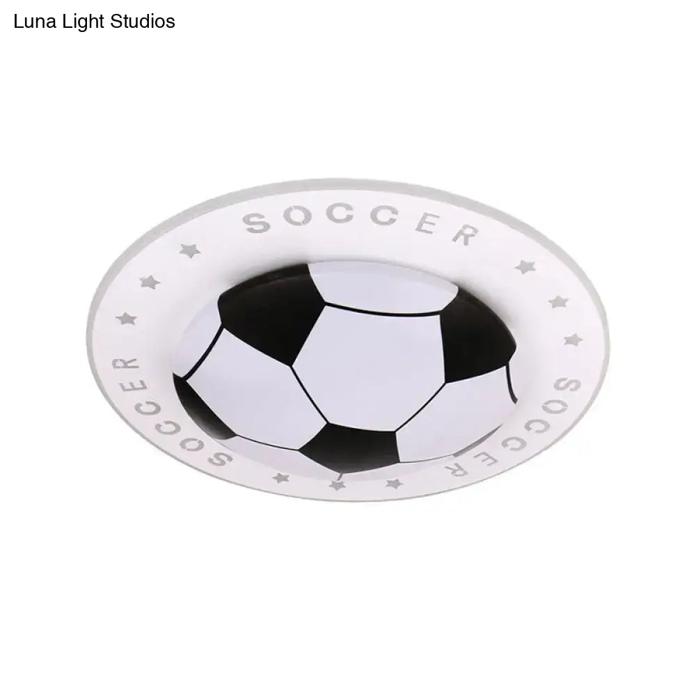 White kids led flush mount spotlight with black and white soccer ball design and acrylic shade for ceiling use