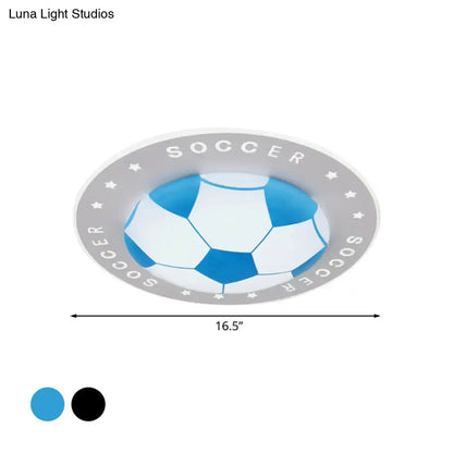 Decorbites kids led flush mount spotlight featuring a blue and white soccer ball-themed acrylic shade with gray border