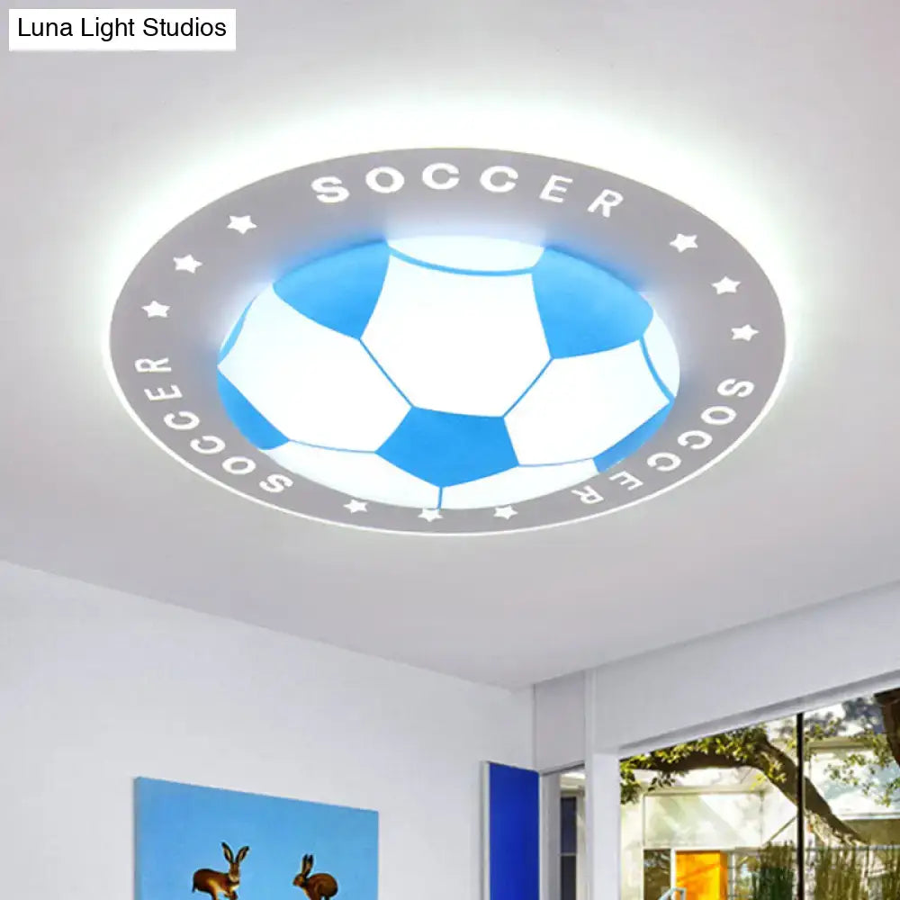 Decorbites kids led flush mount spotlight featuring a blue and white soccer ball design with acrylic shade