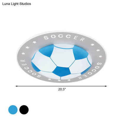 Blue and white soccer themed led flush mount ceiling light with gray border and soccer text for kids bedroom
