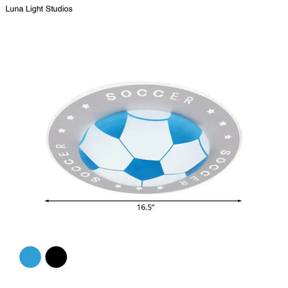 Blue and white soccer ball-themed led flush mount ceiling light fixture with gray border and soccer text for kids bedroom