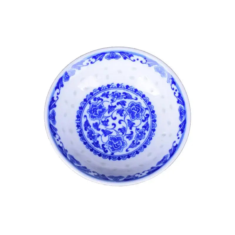 White porcelain dragon pattern dish set bowl with intricate blue floral vine patterns and decorative border detailing