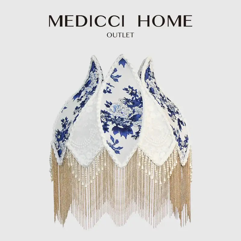 Delicate three-panel porcelain floral lampshade with white porcelain floral patterns and pearl tassel bedroom decor