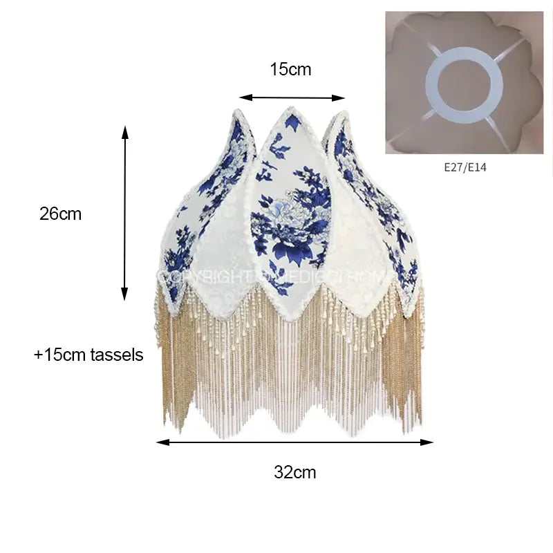Elegant white porcelain floral lampshade with blue patterns, pearl tassel accents, lace trim for bedroom decor