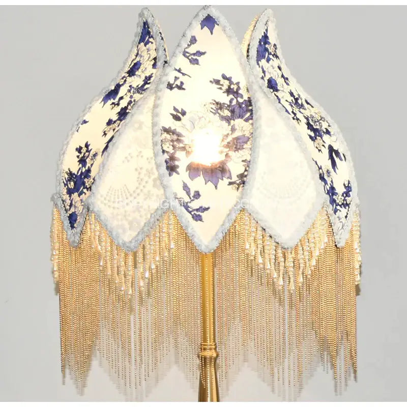 Elegant cream and navy porcelain floral lampshade with white porcelain floral print pearl tassel and gold beaded fringe