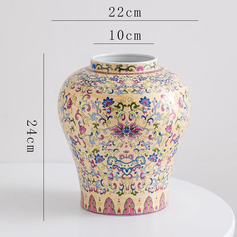 Decorbites blue white porcelain floral vase with cream base and intricate pink blue green gold patterns for living room decor