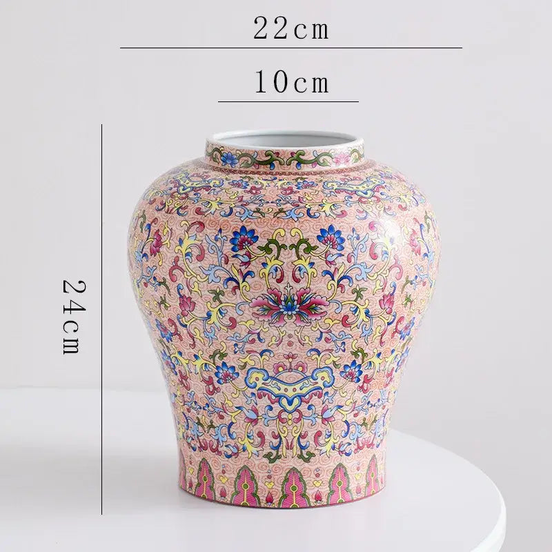 Pink porcelain vase with blue yellow green floral scrollwork blue white porcelain decorbites ceramic decor for living room