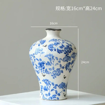 White porcelain gourd teapot vase with blue floral patterns and flared neck for living room decor