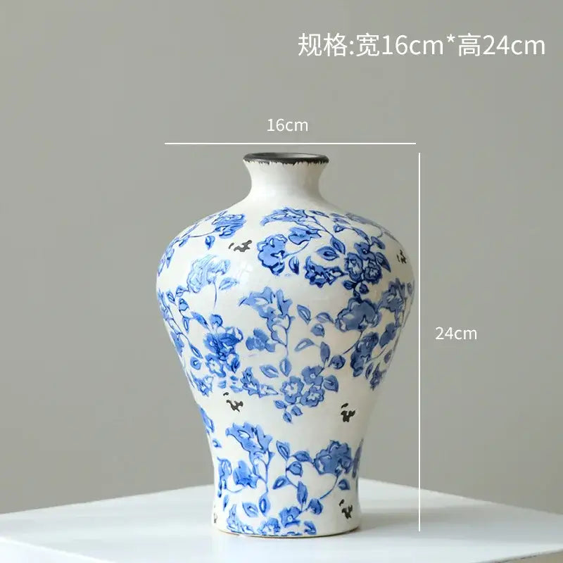 White porcelain gourd teapot vase with blue floral patterns and flared neck for living room decor