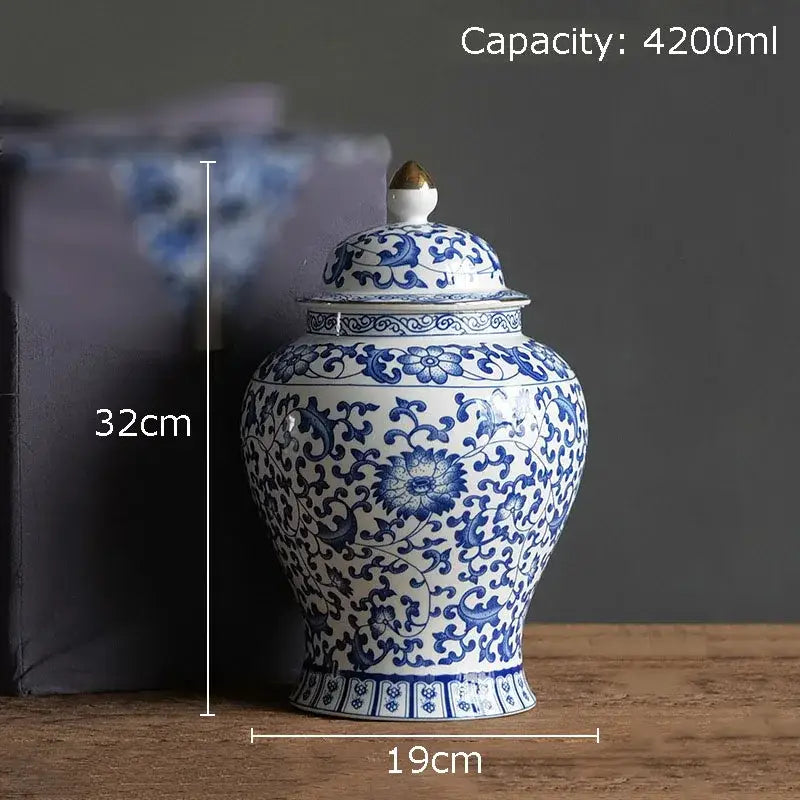 Blue and white white porcelain jar with intricate floral patterns and gold plating lid for living room decor