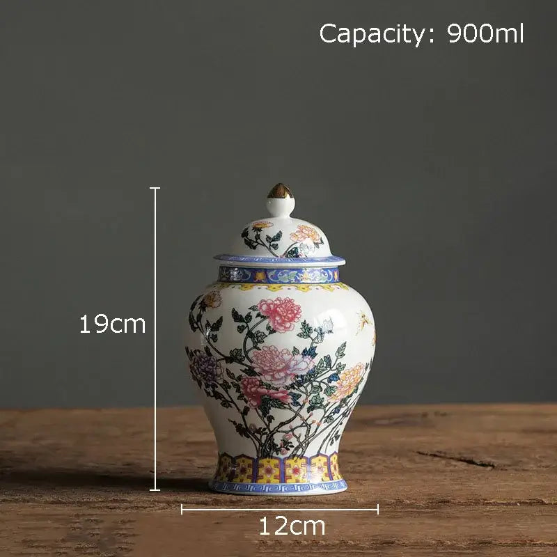 White porcelain jar with gold plating featuring colorful floral patterns for living room decor