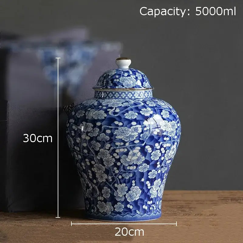Blue and white white porcelain jar with gold plating floral pattern and lid 30cm height for living room decor
