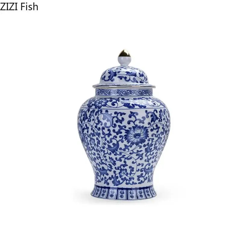 Blue and white white porcelain jar with intricate floral patterns and gold plating for living room decor