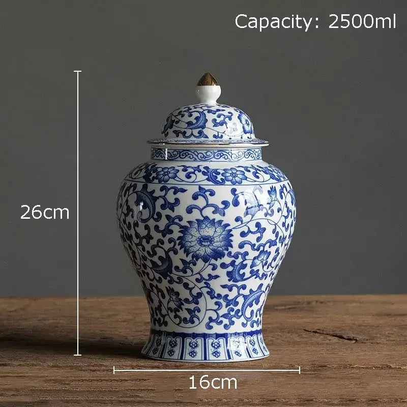 Blue and white white porcelain jar with gold plating featuring intricate floral patterns for living room decor
