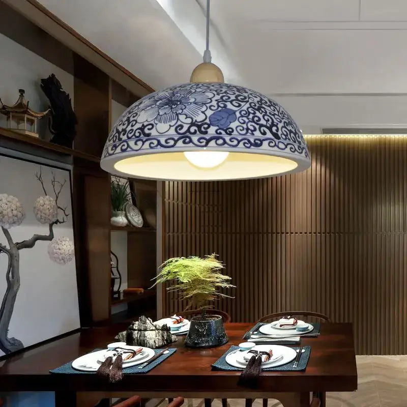Blue white porcelain pendant chandelier with intricate floral patterns for dining room decorbites blue white design