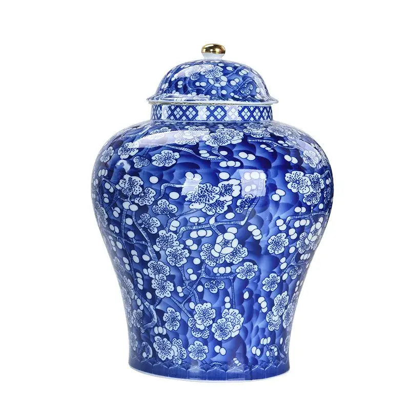 Blue and white porcelain pot sealed storage ginger jar with intricate plum blossom patterns and matching lid