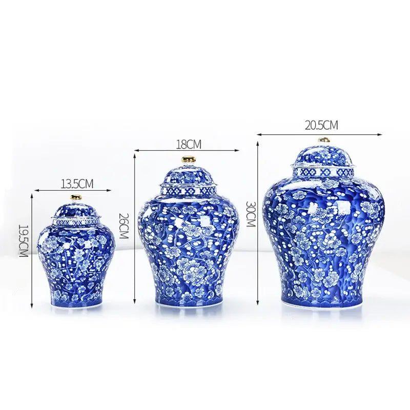 Three blue and white porcelain ginger jars with gold lids for sealed storage tank and pot sealed storage use