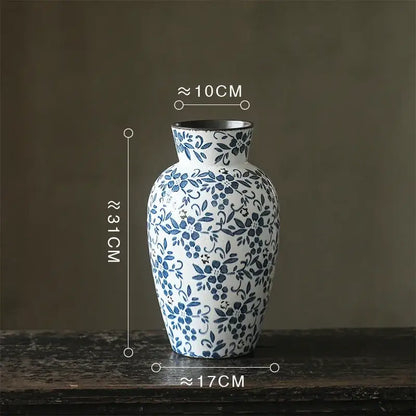 Decorbites blue white porcelain vase with intricate blue floral patterns and black rim for hydroponic living room decor