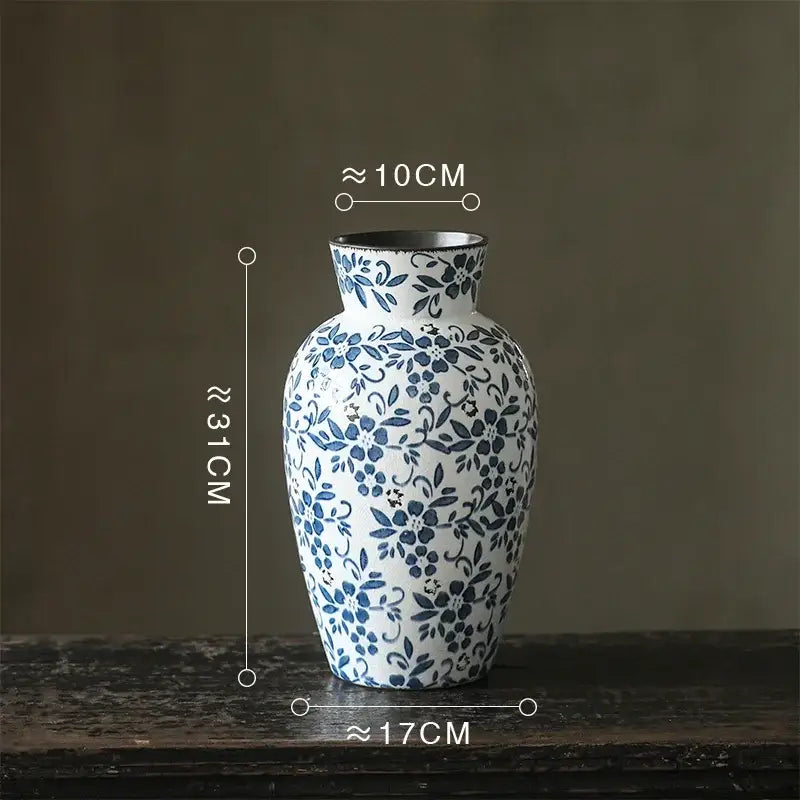 Decorbites blue white porcelain vase with intricate blue floral patterns and black rim for hydroponic living room decor
