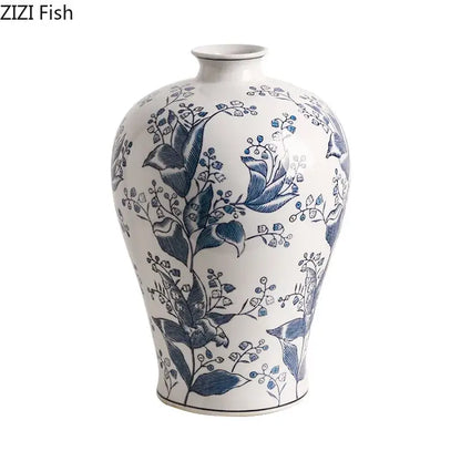 A white porcelain vase with classic rounded body and blue floral patterns for decorbites blue white living room decor