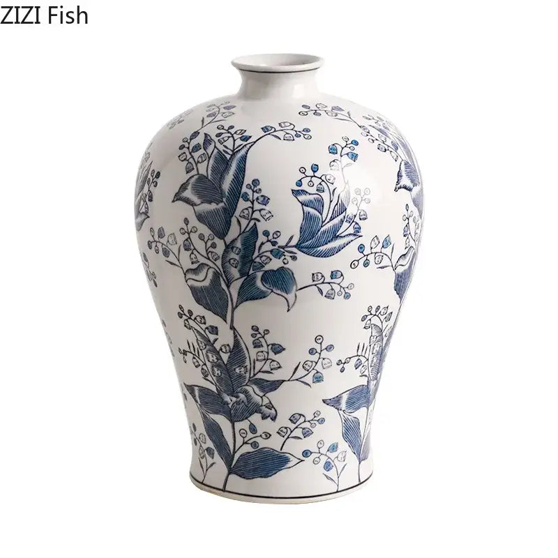 A white porcelain vase with classic rounded body and blue floral patterns for decorbites blue white living room decor