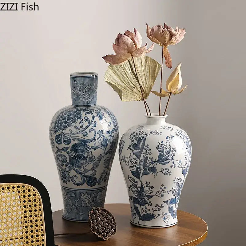 Two blue white porcelain vases with intricate floral patterns for decorbites blue white living room decor