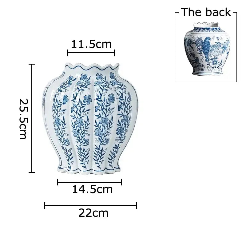 White porcelain vase with intricate blue floral patterns and scalloped rim for artificial flowers porcelain vase desk decor