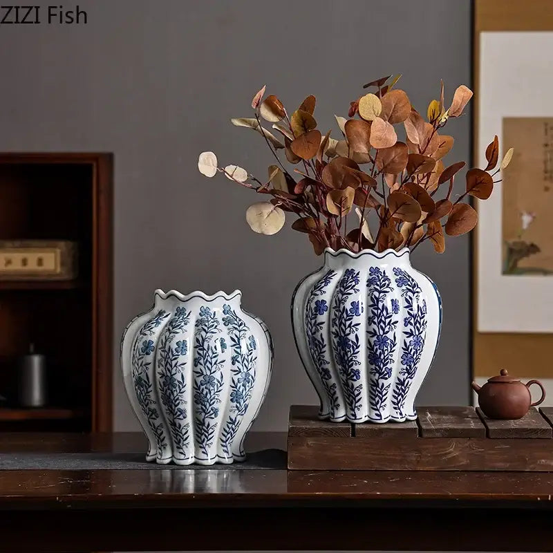 Blue and white porcelain vase set with intricate floral patterns featuring artificial flowers for porcelain vase desk decor