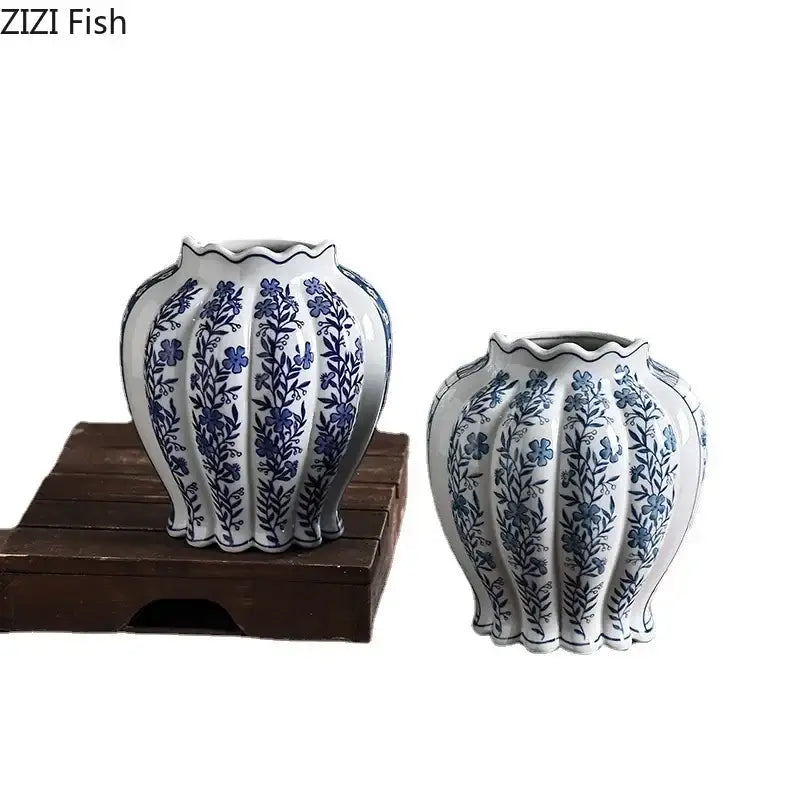 Blue and white porcelain vase set with scalloped edges featuring artificial flowers for porcelain vase desk decor
