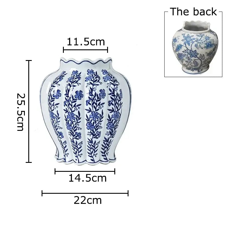 White porcelain vase with intricate blue floral patterns and scalloped rim for artificial flowers desk decor