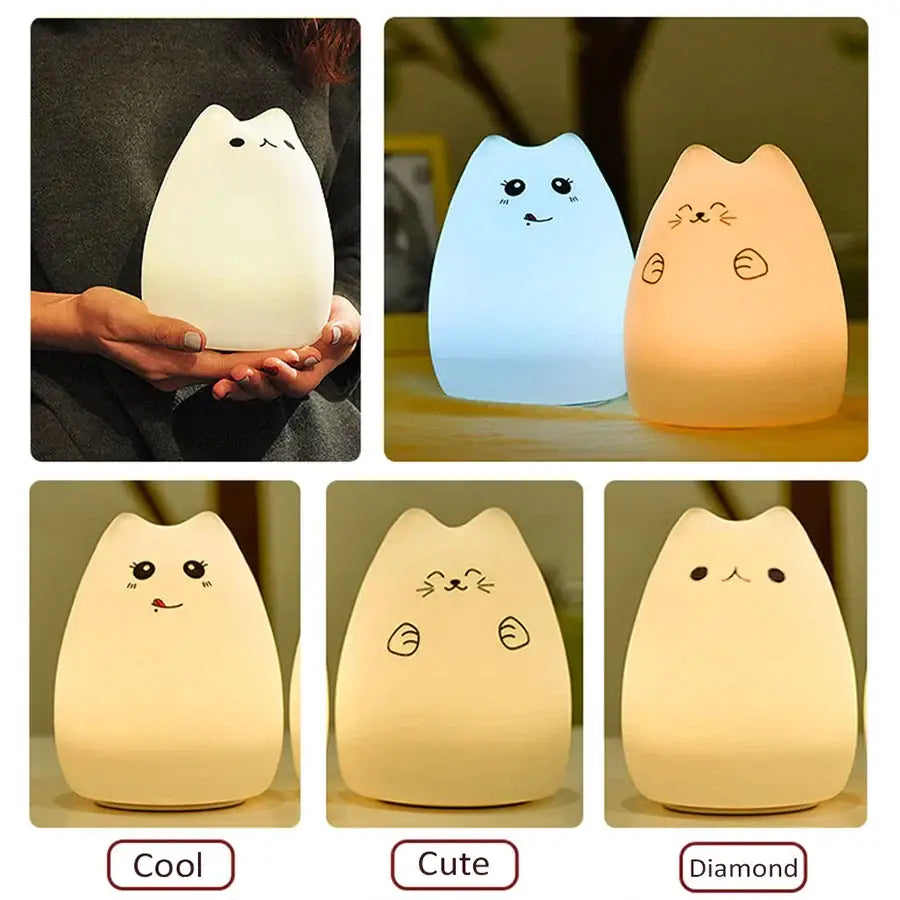 Blue white and purple cat silicone touch night light with embroidered face and soft glowing body by decorbites cat silicone