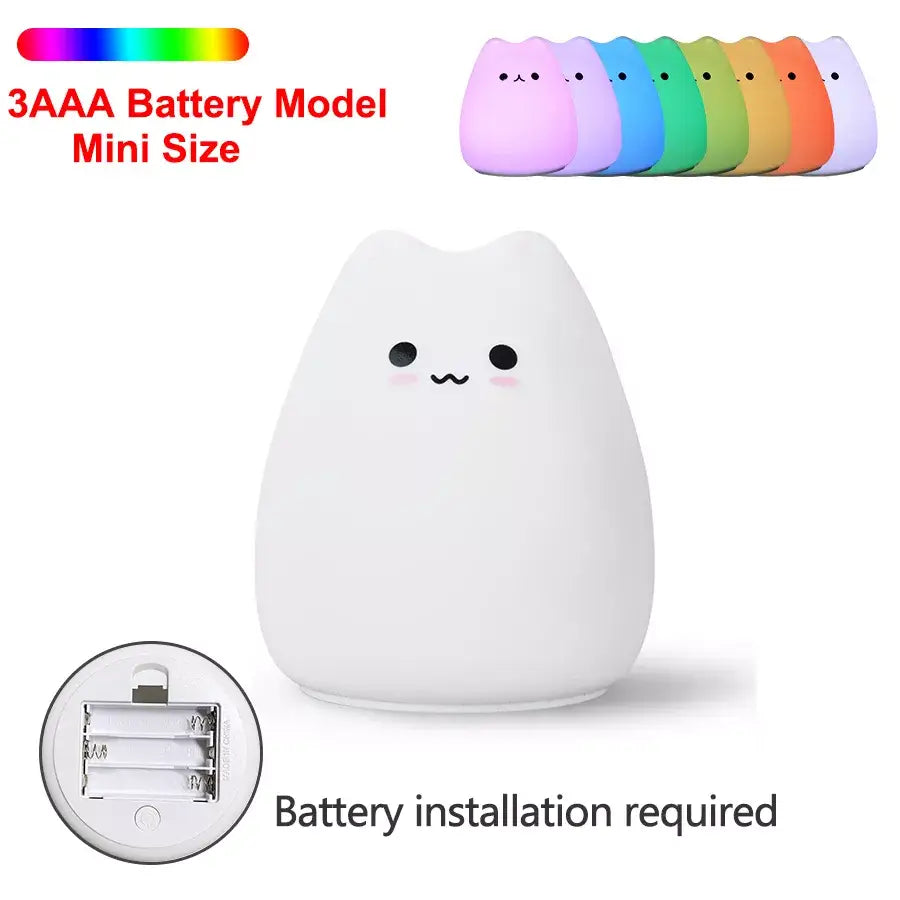 White silicone cat silicone touch night light with black eyes and blush cheeks powered by 3aaa batteries decorbites cat silicone
