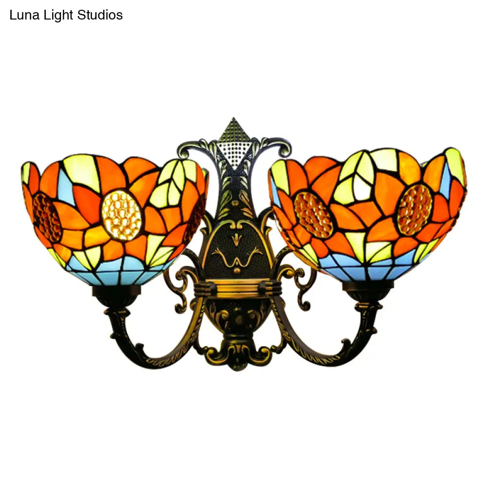 Blue/White Stained Glass Sunflower Wall Sconce with 2 Lights for Bedroom Decor