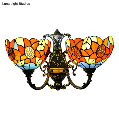 Blue/White Stained Glass Sunflower Wall Sconce with 2 Lights for Bedroom Decor